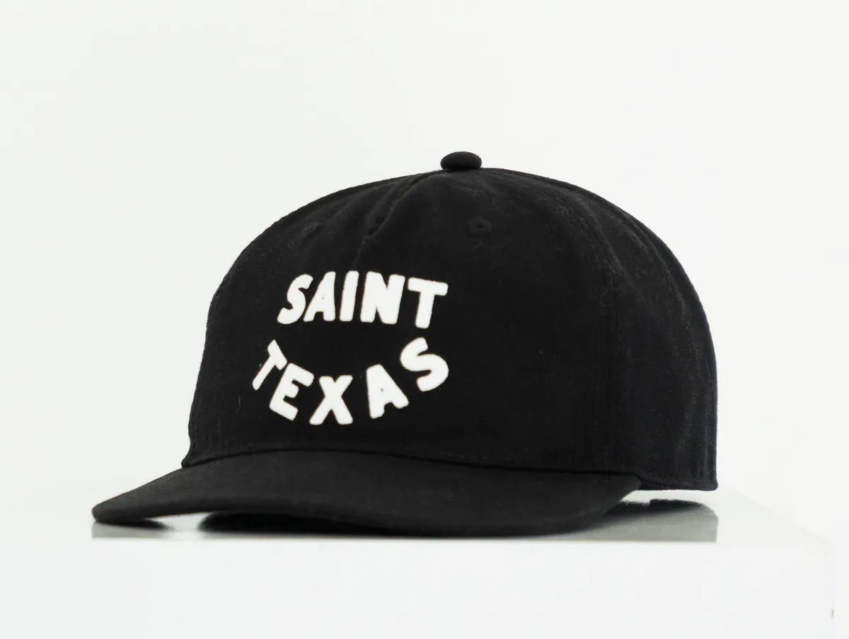 Black Saint Texas cap with white felt lettering